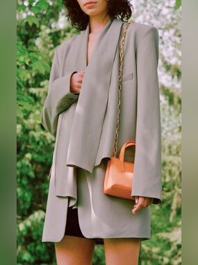 TIBI Tropical Wool Detachable Scarf Blazer Jacket in Cement Grey